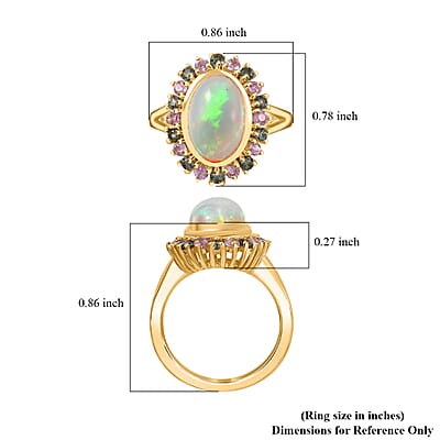 Premium Ethiopian Welo Opal, Pink and Green Sapphire 3.20 ctw Blooming Ring in 18K Vermeil Yellow Gold Over Sterling Silver (Size 10.0)
