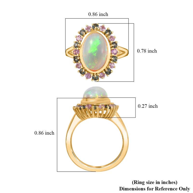 Premium Ethiopian Welo Opal, Pink and Green Sapphire 3.20 ctw Blooming Ring in 18K Vermeil Yellow Gold Over Sterling Silver (Size 10.0)