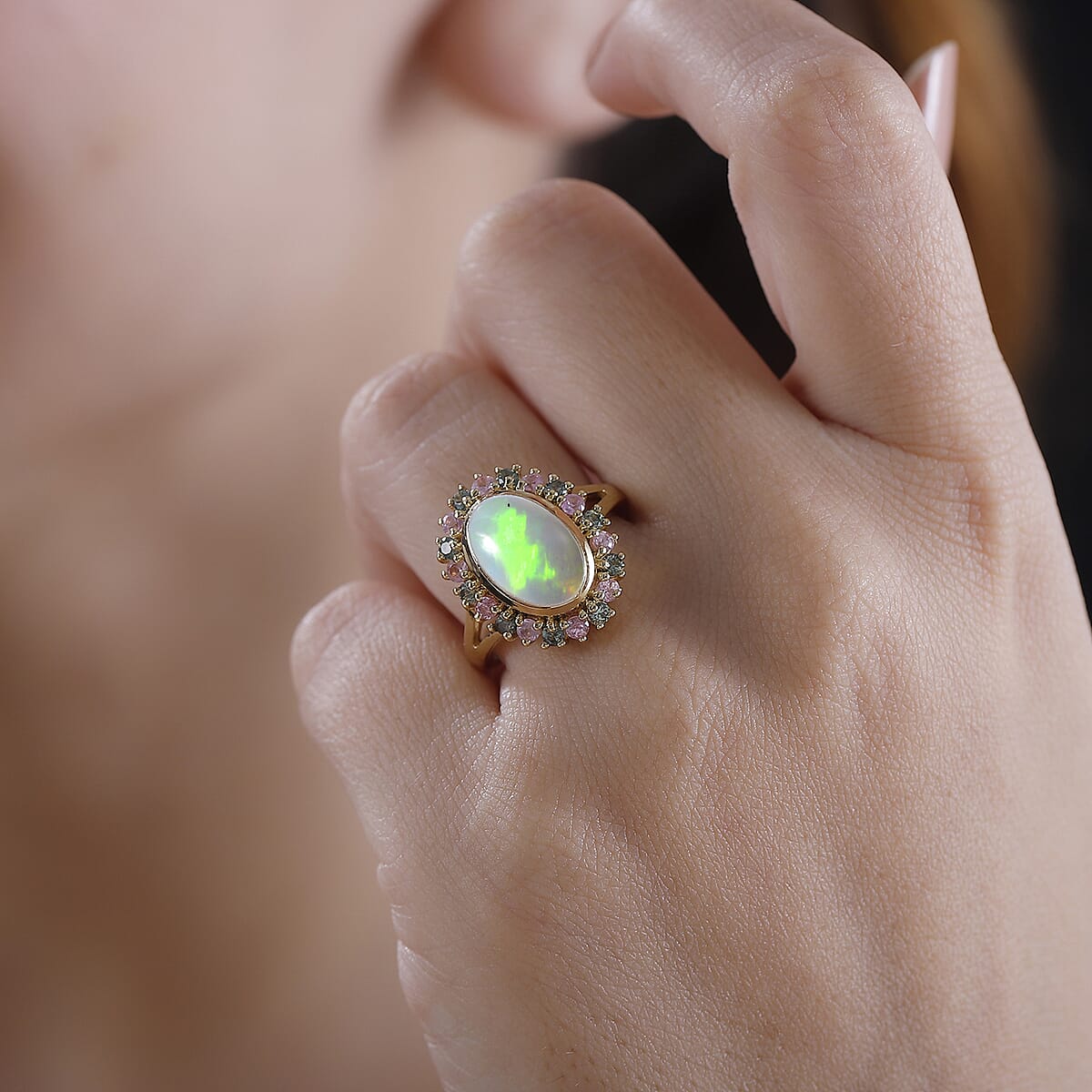 Premium Ethiopian Welo Opal, Pink and Green Sapphire 3.20 ctw Blooming Ring in 18K Vermeil Yellow Gold Over Sterling Silver (Size 6.0) image number 3