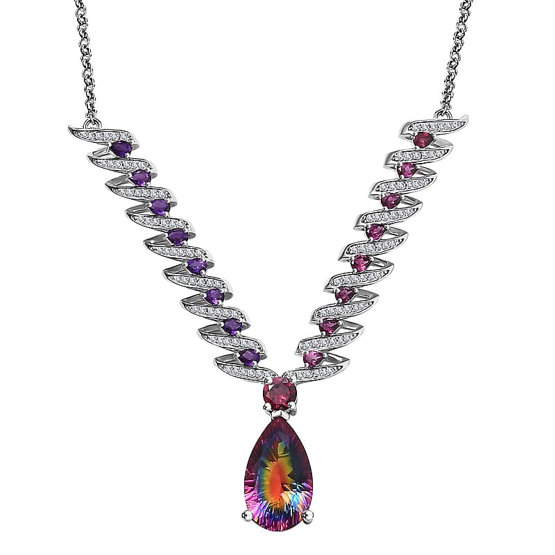 D'Joy Nebula Quartz Doublet and Multi Gemstone 16.35 ctw Cosmic Dance Necklace in Rhodium Over Sterling Silver 18 Inches