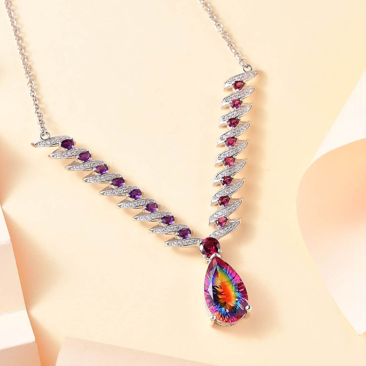 Nebula Quartz Doublet and Multi Gemstone 16.35 ctw Cosmic Dance Necklace in Rhodium Over Sterling Silver 18 Inches image number 1