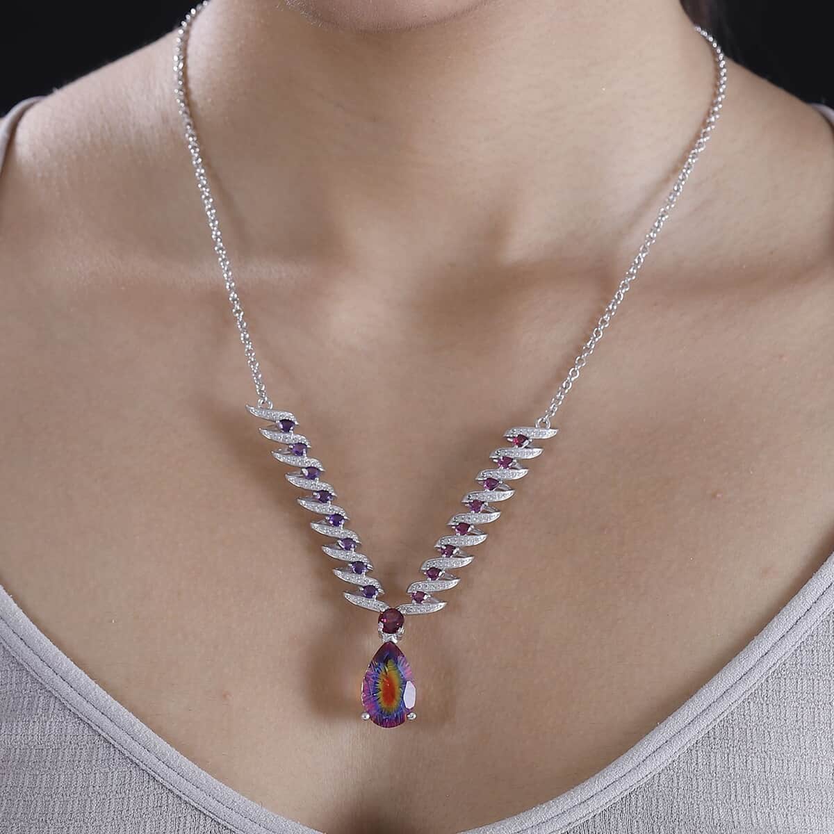 Nebula Quartz Doublet and Multi Gemstone 16.35 ctw Cosmic Dance Necklace in Rhodium Over Sterling Silver 18 Inches image number 2