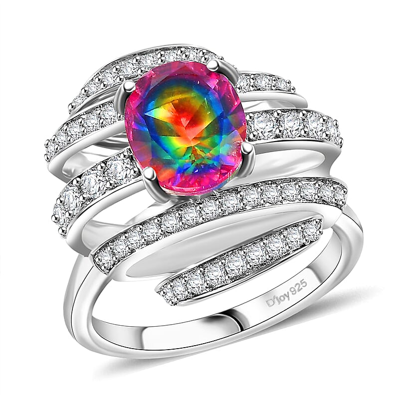Nebula Quartz Doublet and White Zircon 3.80 ctw Celestial Wonder Ring in Rhodium Over Sterling Silver (Size 10.0)