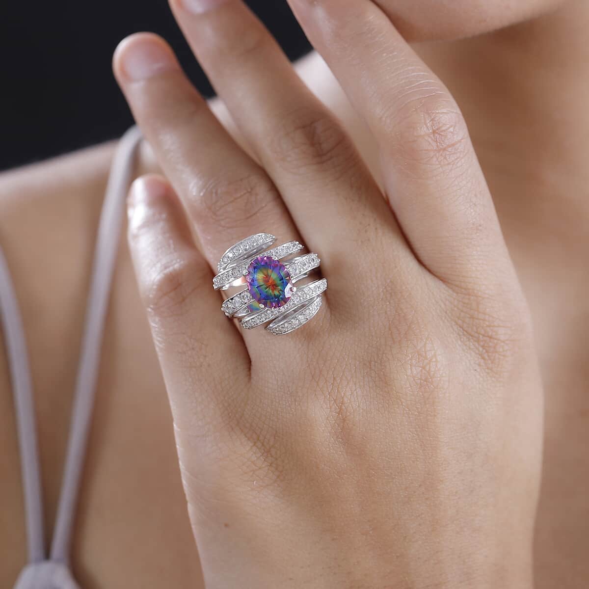 Nebula Quartz Doublet and White Zircon 3.80 ctw Celestial Wonder Ring in Rhodium Over Sterling Silver (Size 10.0) image number 2