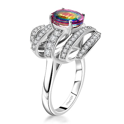 Nebula Quartz Doublet and White Zircon 3.80 ctw Celestial Wonder Ring in Rhodium Over Sterling Silver (Size 10.0)