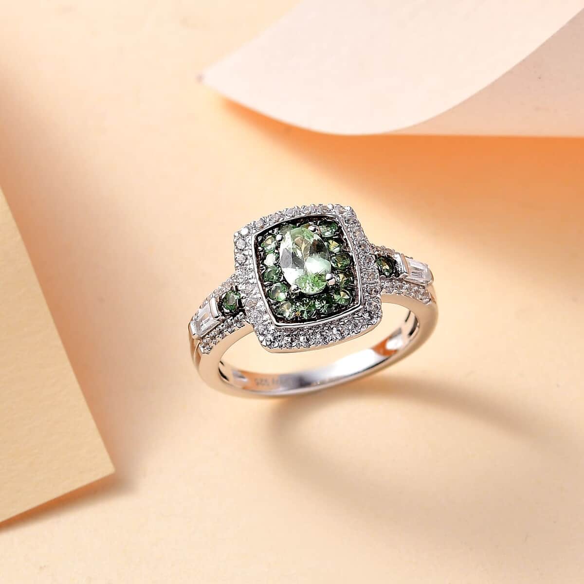 Tsavorite Garnet and White Zircon 1.50 ctw Ocean Glimmer Ring in Rhodium Over Sterling Silver (Size 10.0) image number 1