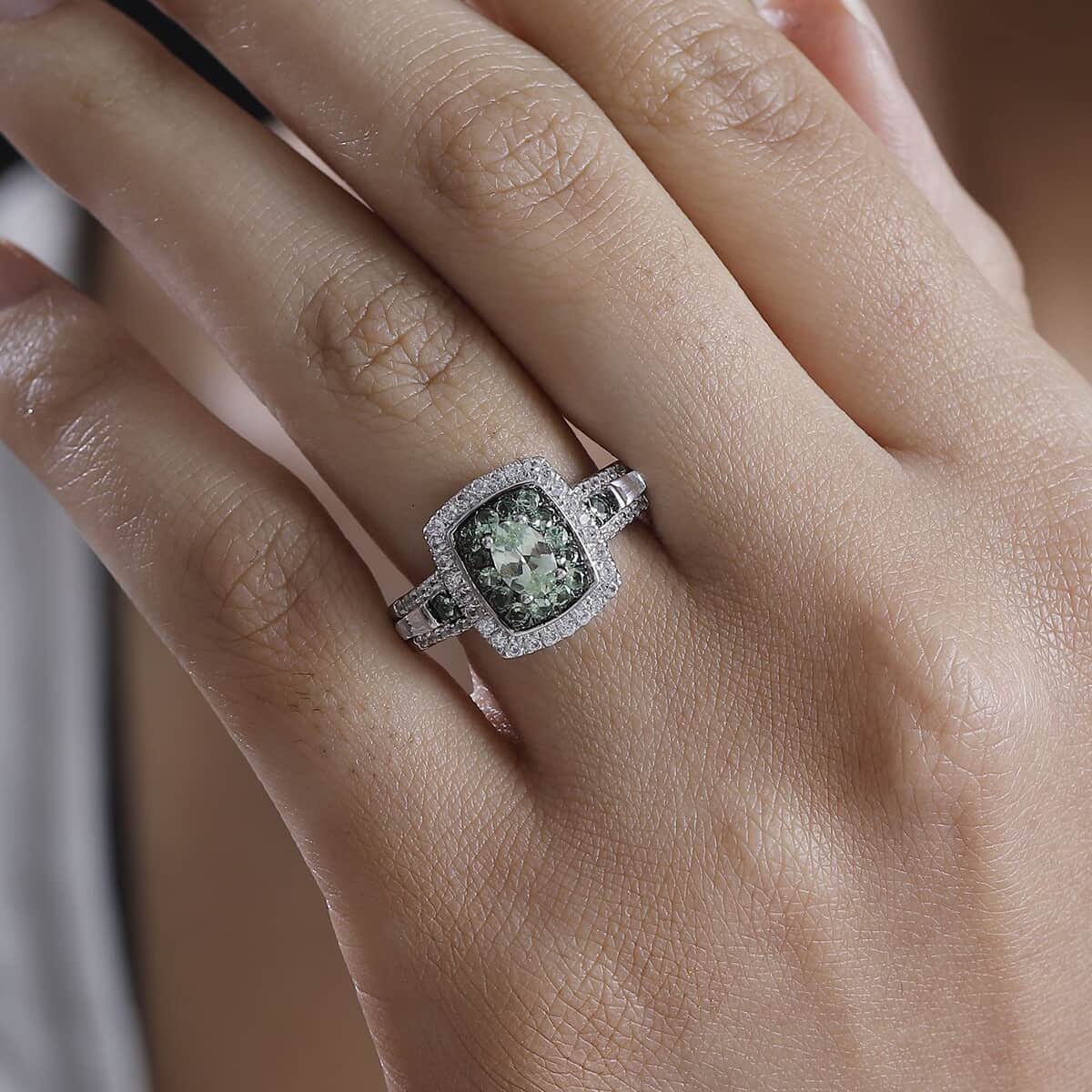 Tsavorite Garnet and White Zircon 1.50 ctw Ocean Glimmer Ring in Rhodium Over Sterling Silver (Size 10.0) image number 2