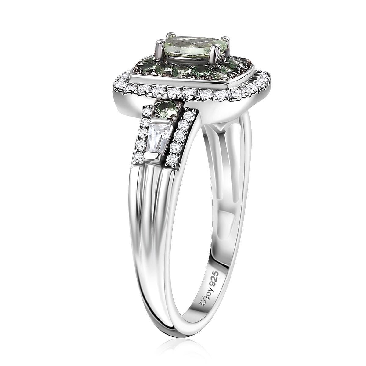 D'Joy Tsavorite Garnet and White Zircon 1.50 ctw Ocean Glimmer Ring in Rhodium Over Sterling Silver (Size 10.0)