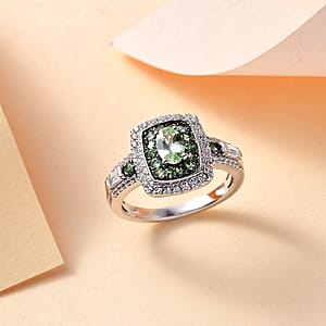 D'Joy Tsavorite Garnet and White Zircon 1.50 ctw Ocean Glimmer Ring in Rhodium Over Sterling Silver (Size 5.0)