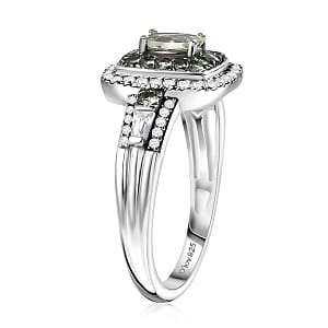Tsavorite Garnet and White Zircon 1.50 ctw Ocean Glimmer Ring in Rhodium Over Sterling Silver (Size 6.0)