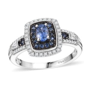 Ceylon Blue Sapphire and White Zircon 1.50 ctw Ocean Glimmer Ring in Rhodium Over Sterling Silver (Size 6.0)