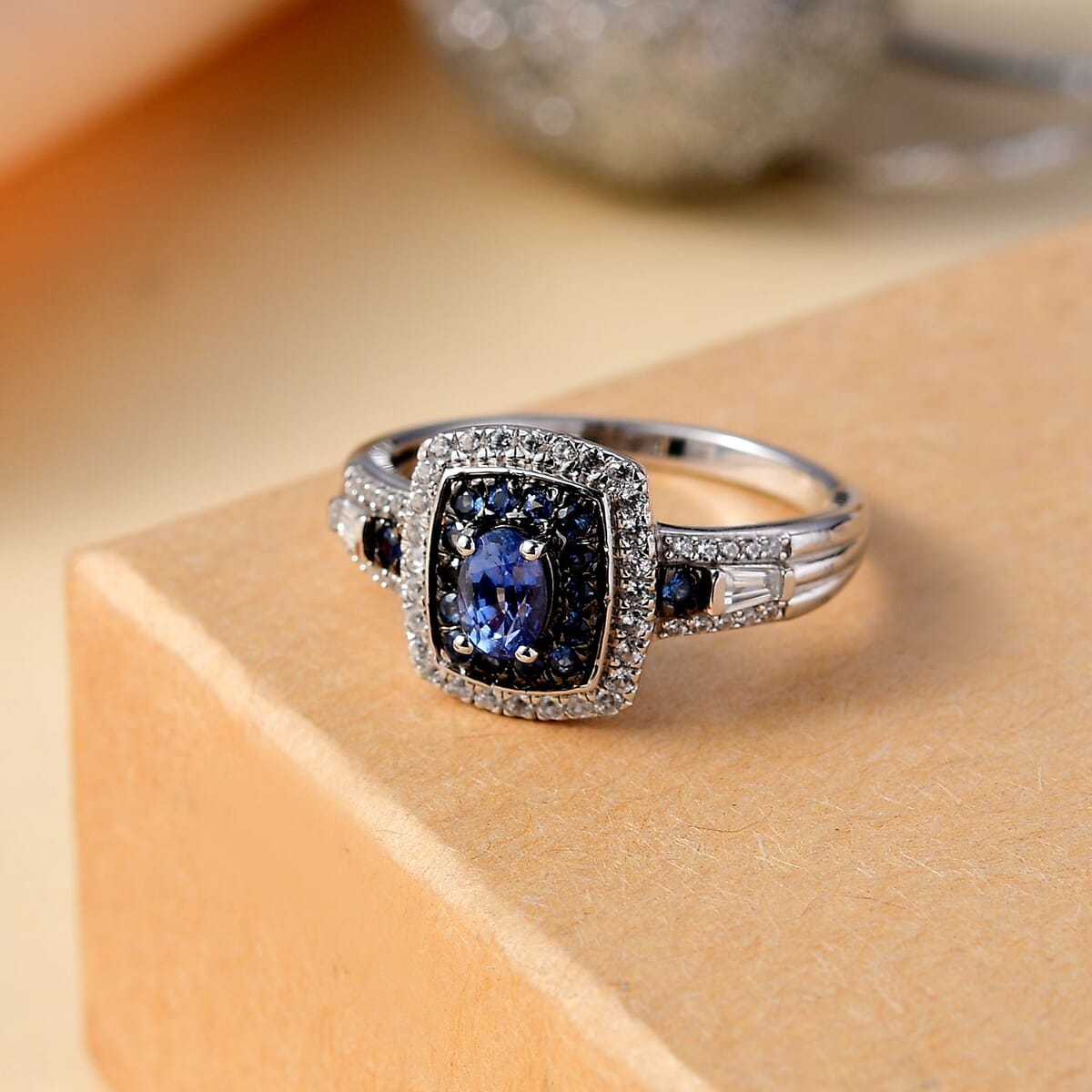 Ceylon Blue Sapphire and White Zircon 1.50 ctw Ocean Glimmer Ring in Rhodium Over Sterling Silver (Size 6.0) image number 1
