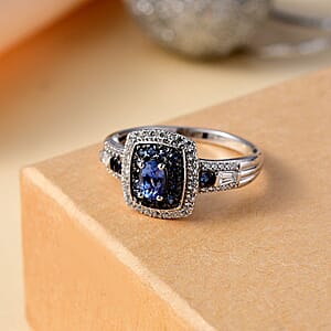 Ceylon Blue Sapphire and White Zircon 1.50 ctw Ocean Glimmer Ring in Rhodium Over Sterling Silver (Size 6.0)