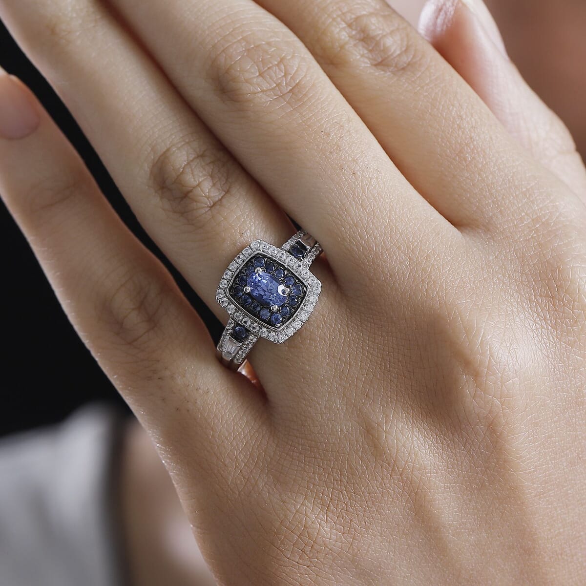 Ceylon Blue Sapphire and White Zircon 1.50 ctw Ocean Glimmer Ring in Rhodium Over Sterling Silver (Size 6.0) image number 2