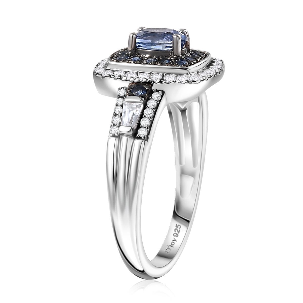 Ceylon Blue Sapphire and White Zircon 1.50 ctw Ocean Glimmer Ring in Rhodium Over Sterling Silver (Size 6.0) image number 3
