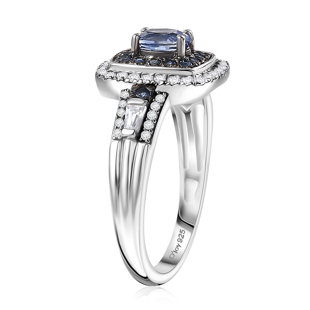 Ceylon Blue Sapphire and White Zircon 1.50 ctw Ocean Glimmer Ring in Rhodium Over Sterling Silver (Size 8.0) image number 3