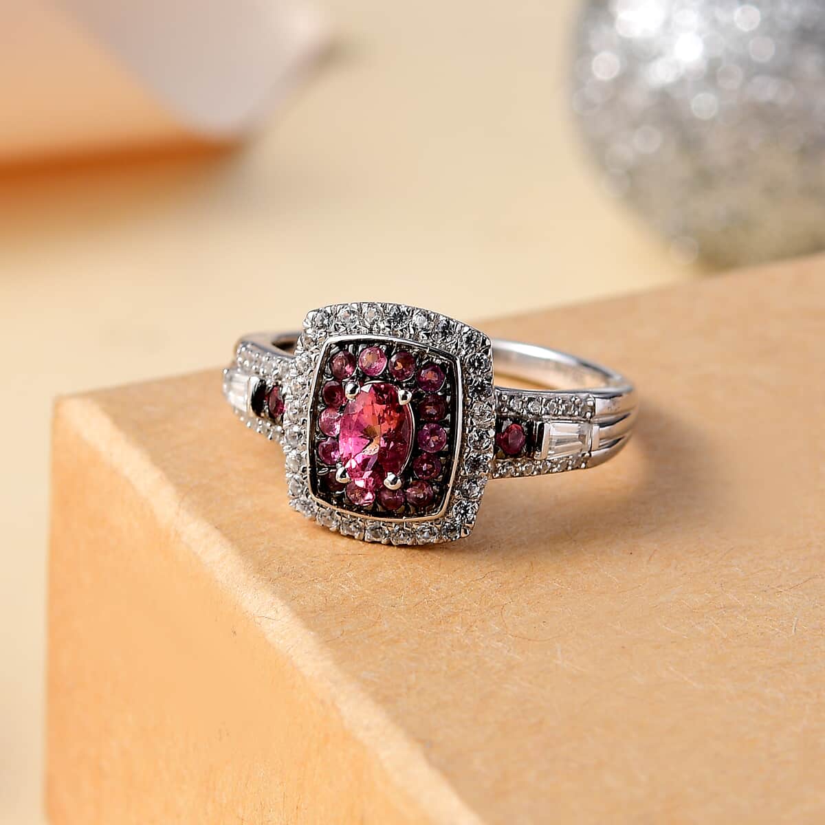 Ouro Fino Rubellite and White Zircon 1.50 ctw Ocean Glimmer Ring in Rhodium Over Sterling Silver (Size 10.0) image number 1