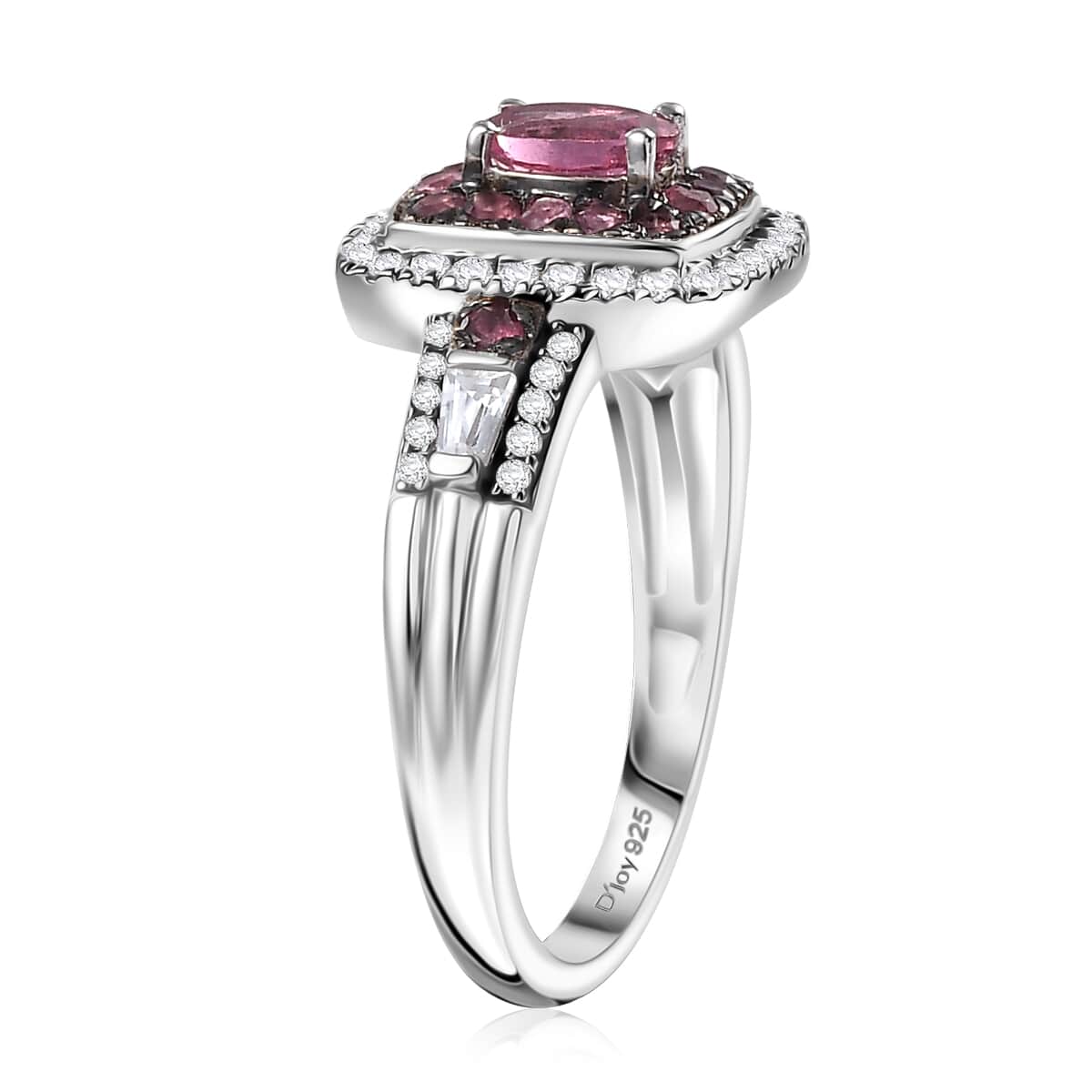 Ouro Fino Rubellite and White Zircon 1.50 ctw Ocean Glimmer Ring in Rhodium Over Sterling Silver (Size 10.0) image number 3