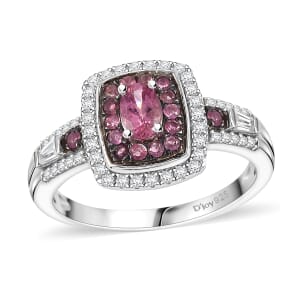 Ouro Fino Rubellite and White Zircon 1.50 ctw Ocean Glimmer Ring in Rhodium Over Sterling Silver (Size 5.0)