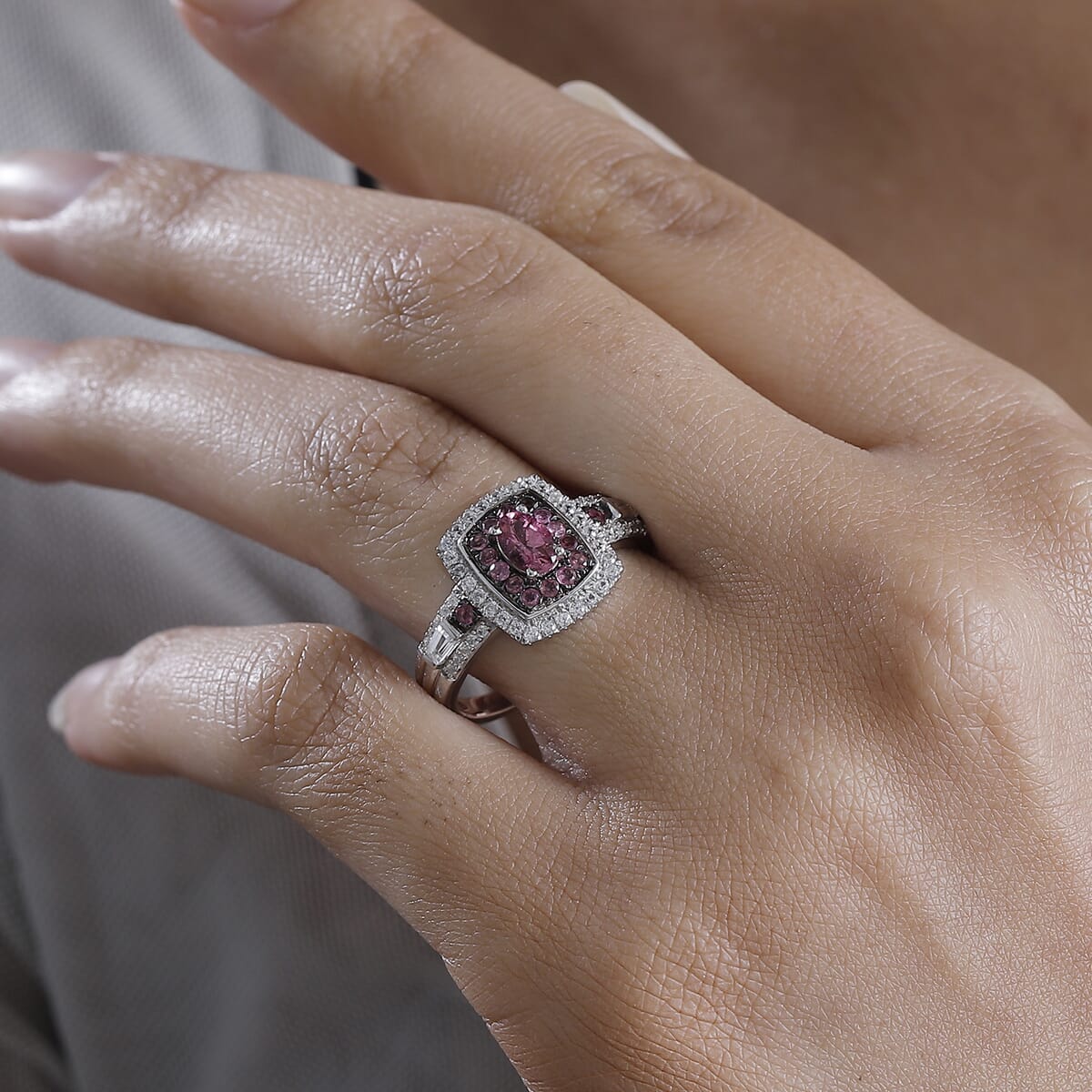 Ouro Fino Rubellite and White Zircon 1.50 ctw Ocean Glimmer Ring in Rhodium Over Sterling Silver (Size 7.0) image number 2