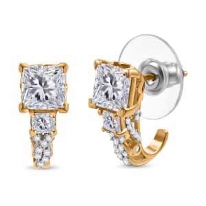 Princess Cut Moissanite and Padparadscha Sapphire (BT) 3.10 ctw J-Hoop Earrings in 18K Vermeil Yellow Gold Over Sterling Silver