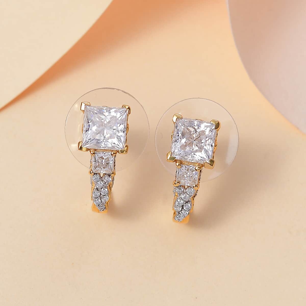 Moissanite and Padparadscha Sapphire (BT) 3.10 ctw Earrings in 18K Vermeil Yellow Gold Over Sterling Silver image number 1