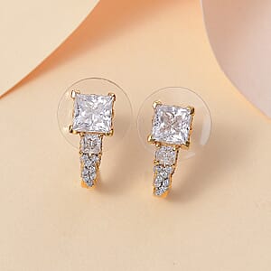 D'Joy Princess Cut Moissanite, Sapphire J-Hoop Earrings in 18K Vermeil YG Over Sterling Silver 3.10 ctw