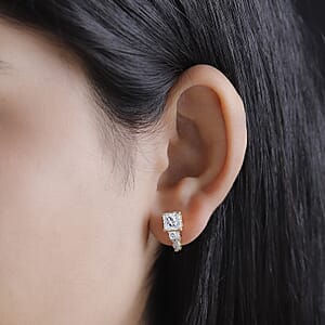 D'Joy Princess Cut Moissanite, Sapphire J-Hoop Earrings in 18K Vermeil YG Over Sterling Silver 3.10 ctw