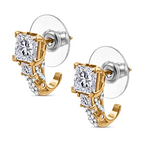 D'Joy Princess Cut Moissanite, Sapphire J-Hoop Earrings in 18K Vermeil YG Over Sterling Silver 3.10 ctw