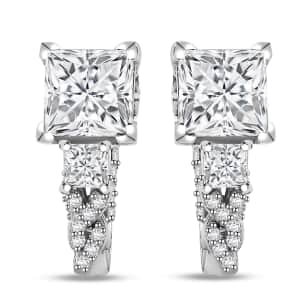 Princess Cut Moissanite and Padparadscha Sapphire (BT) 3.10 ctw J-Hoop Earrings in Rhodium Over Sterling Silver