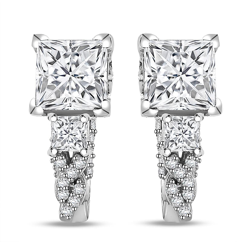 D'Joy Princess Cut Moissanite , Sapphire J-Hoop Earrings in Rhodium Over Sterling Silver 3.10 ctw
