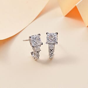 D'Joy Princess Cut Moissanite , Sapphire J-Hoop Earrings in Rhodium Over Sterling Silver 3.10 ctw