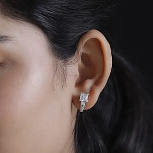 D'Joy Princess Cut Moissanite , Sapphire J-Hoop Earrings in Rhodium Over Sterling Silver 3.10 ctw