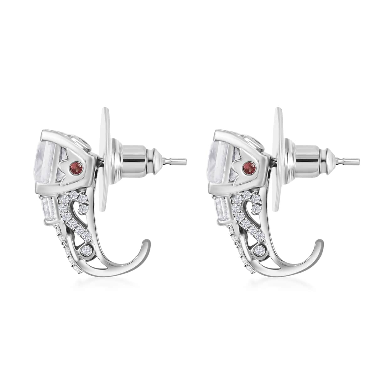 Princess Cut Moissanite and Padparadscha Sapphire (BT) 3.10 ctw J-Hoop Earrings in Rhodium Over Sterling Silver image number 3