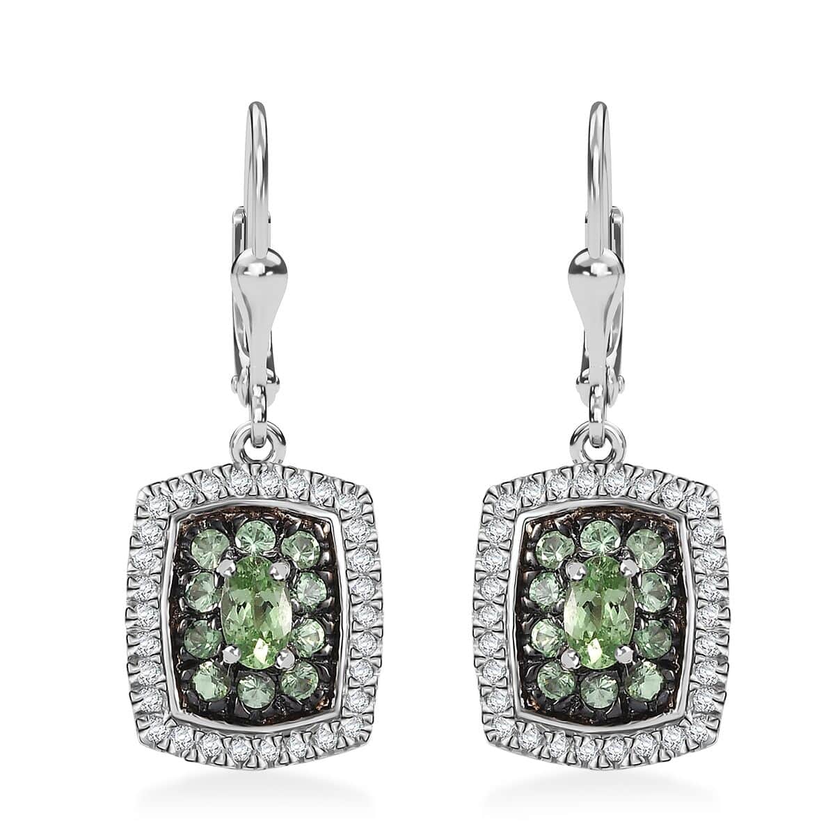 Tsavorite Garnet and White Zircon 2.10 ctw Ocean Glimmer Earrings in Rhodium Over Sterling Silver image number 0