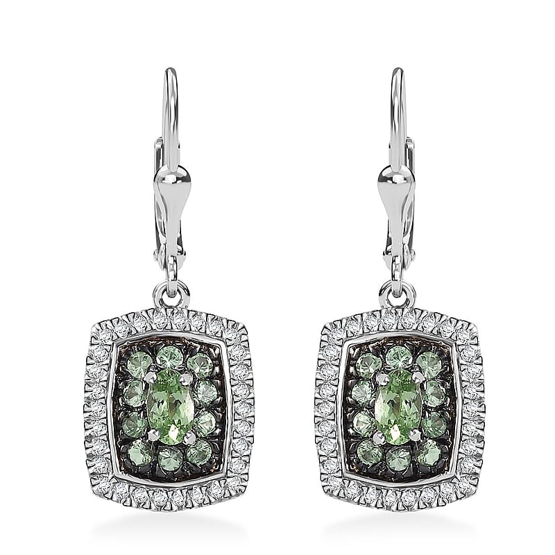 D'Joy Tsavorite Garnet and White Zircon 2.10 ctw Ocean Glimmer Earrings in Rhodium Over Sterling Silver