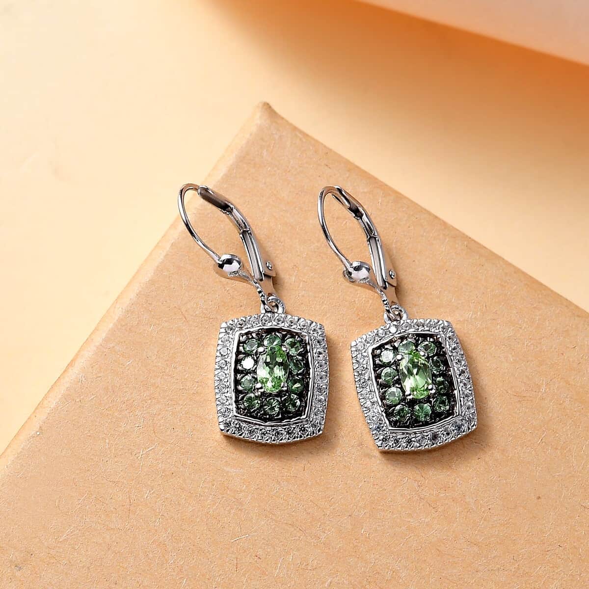 Tsavorite Garnet and White Zircon 2.10 ctw Ocean Glimmer Earrings in Rhodium Over Sterling Silver image number 1