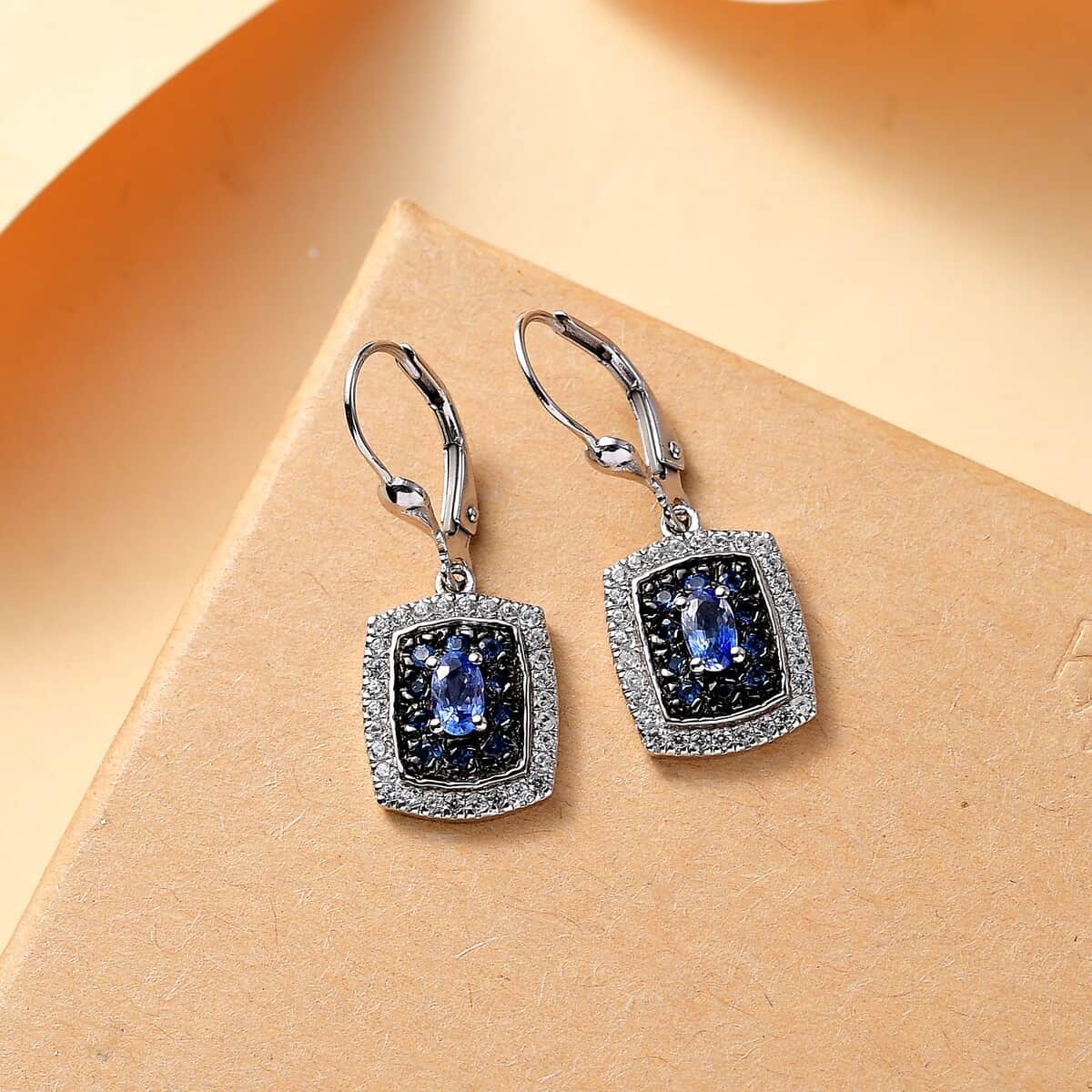 Ceylon Blue Sapphire and White Zircon 1.70 ctw Ocean Glimmer Earrings in Rhodium Over Sterling Silver image number 1