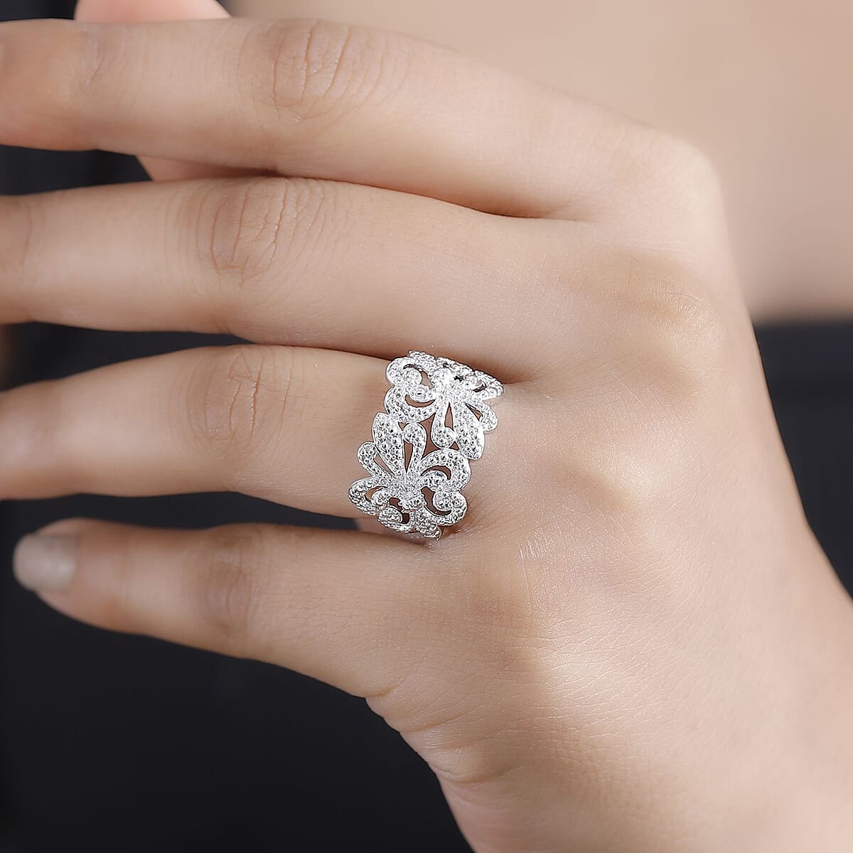 Karis White Diamond Accent Fleur De Lis Ring in Platinum Bond (Size 7.0) image number 2