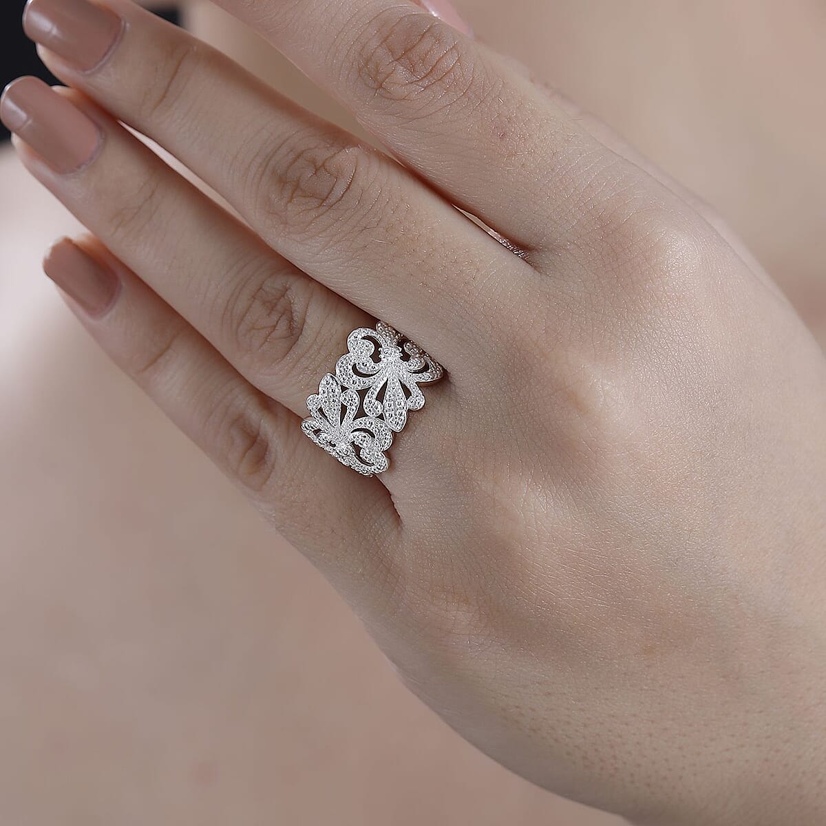 Karis White Diamond Accent Fleur De Lis Ring in 18K RG Plated (Size 11.0) image number 2