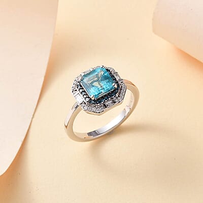 Luxoro 10K White Gold Premium Betroka Blue Apatite, Blue Diamond (IR), Diamond (I2) (0.30 cts) Ring (Size 10.0) 2.00 ctw