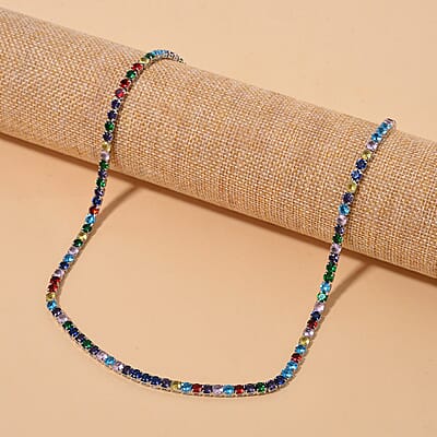 Simulated Multi Color Diamond Tennis Necklace with Bolo Slider in Silvertone 18-26 Inches