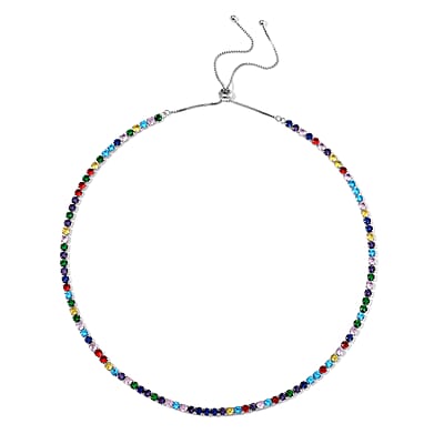 Simulated Multi Color Diamond Tennis Necklace with Bolo Slider in Silvertone 18-26 Inches