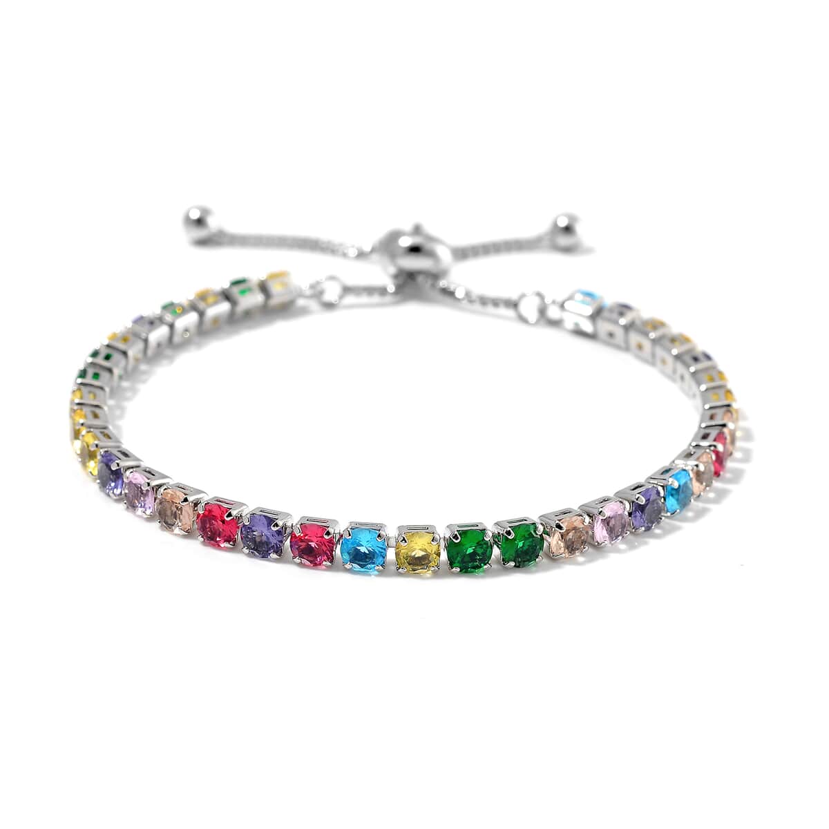 Simulated Multi Color Diamond Tennis Bracelet with Bolo Slider in Silvertone 6-9Inches image number 0