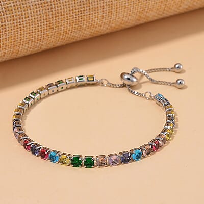 Simulated Multi Color Diamond Tennis Bracelet with Bolo Slider in Silvertone 6-9Inches