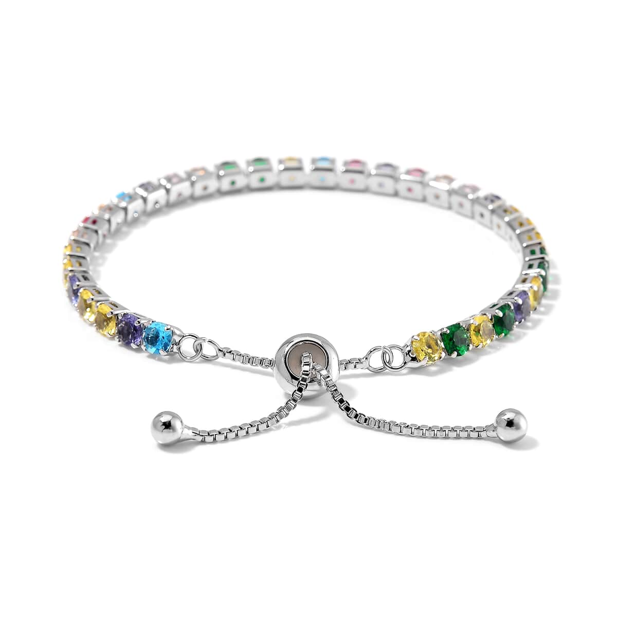 Simulated Multi Color Diamond Tennis Bracelet with Bolo Slider in Silvertone 6-9Inches image number 2