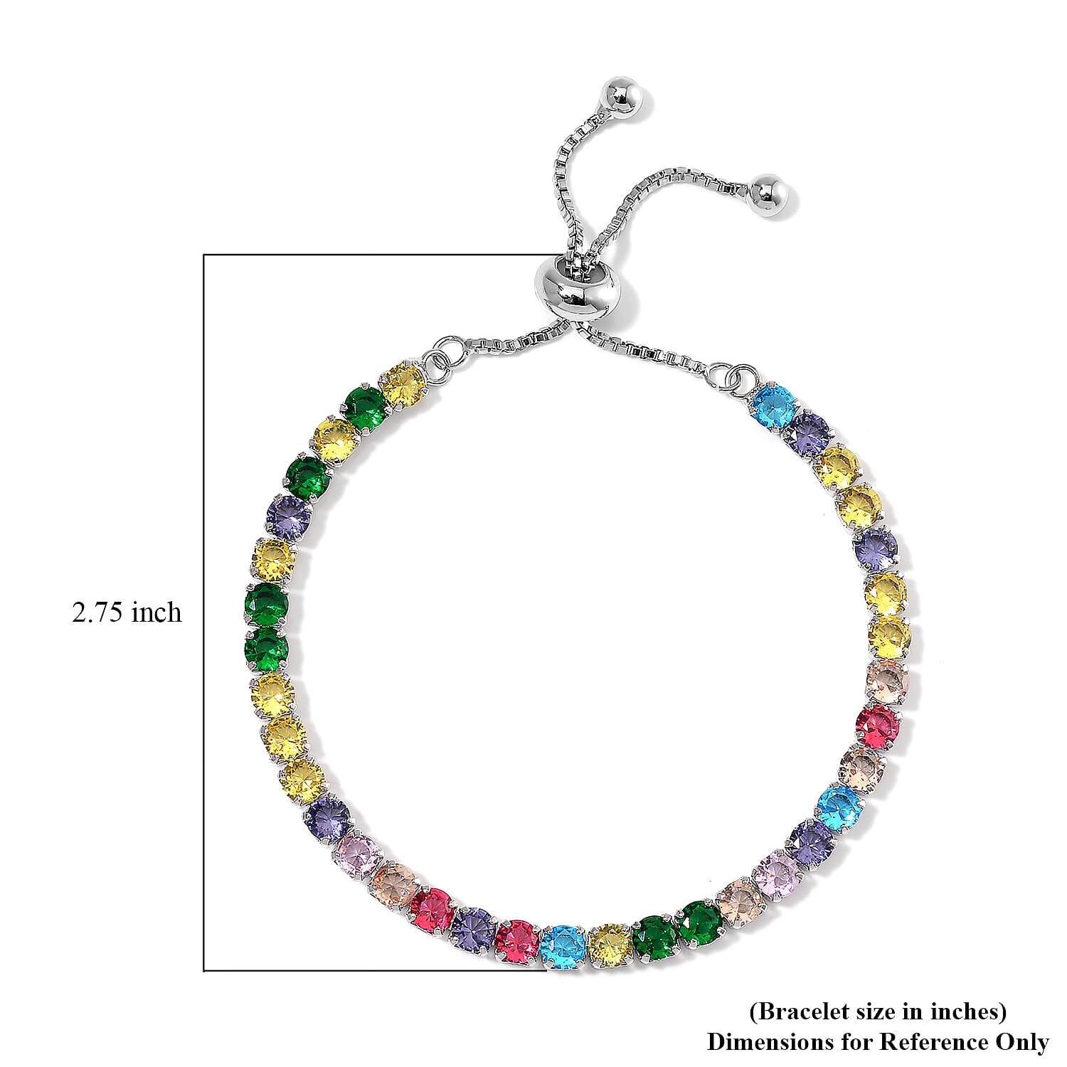 Simulated Multi Color Diamond Tennis Bracelet with Bolo Slider in Silvertone 6-9Inches