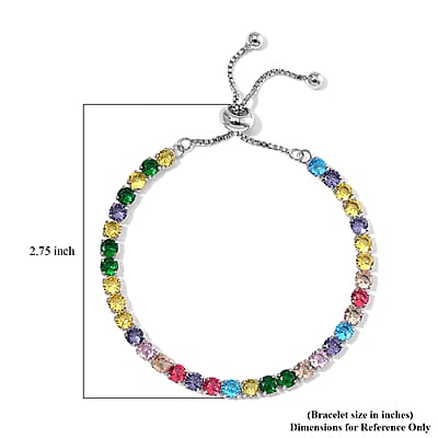 Simulated Multi Color Diamond Tennis Bracelet with Bolo Slider in Silvertone 6-9Inches