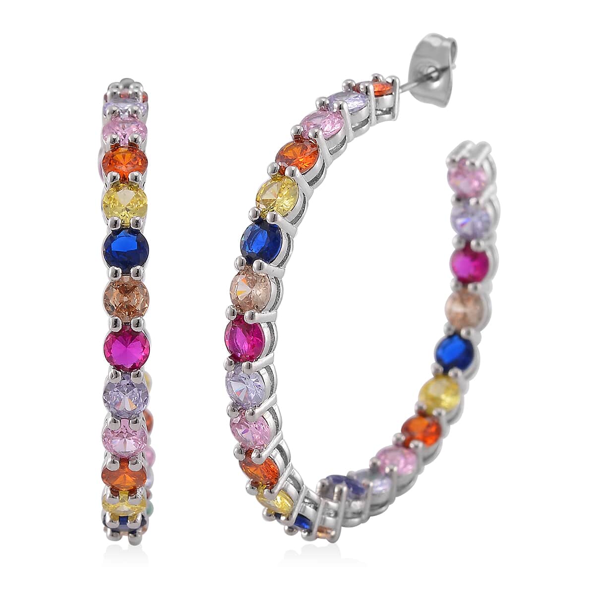 Simulated Multi Color Diamond Inside Out Hoop Earrings in Silvertone 20.00 ctw image number 0