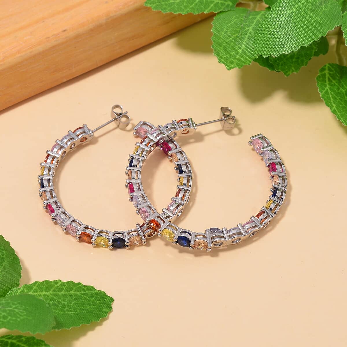 Simulated Multi Color Diamond Inside Out Hoop Earrings in Silvertone 20.00 ctw image number 1